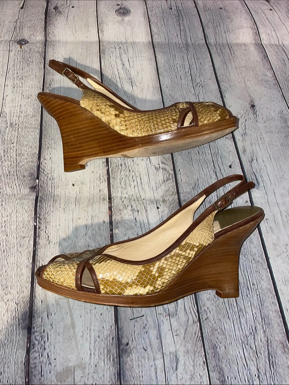 Cole Haan Brown Woven Peep-Toe Slingback Wedges • Sz 10